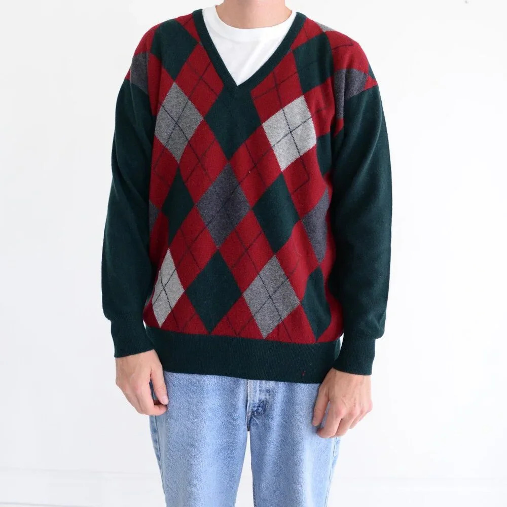 Pringle Of Scotland Super Geelong 100% Lambswool Green And Red Argyle Small